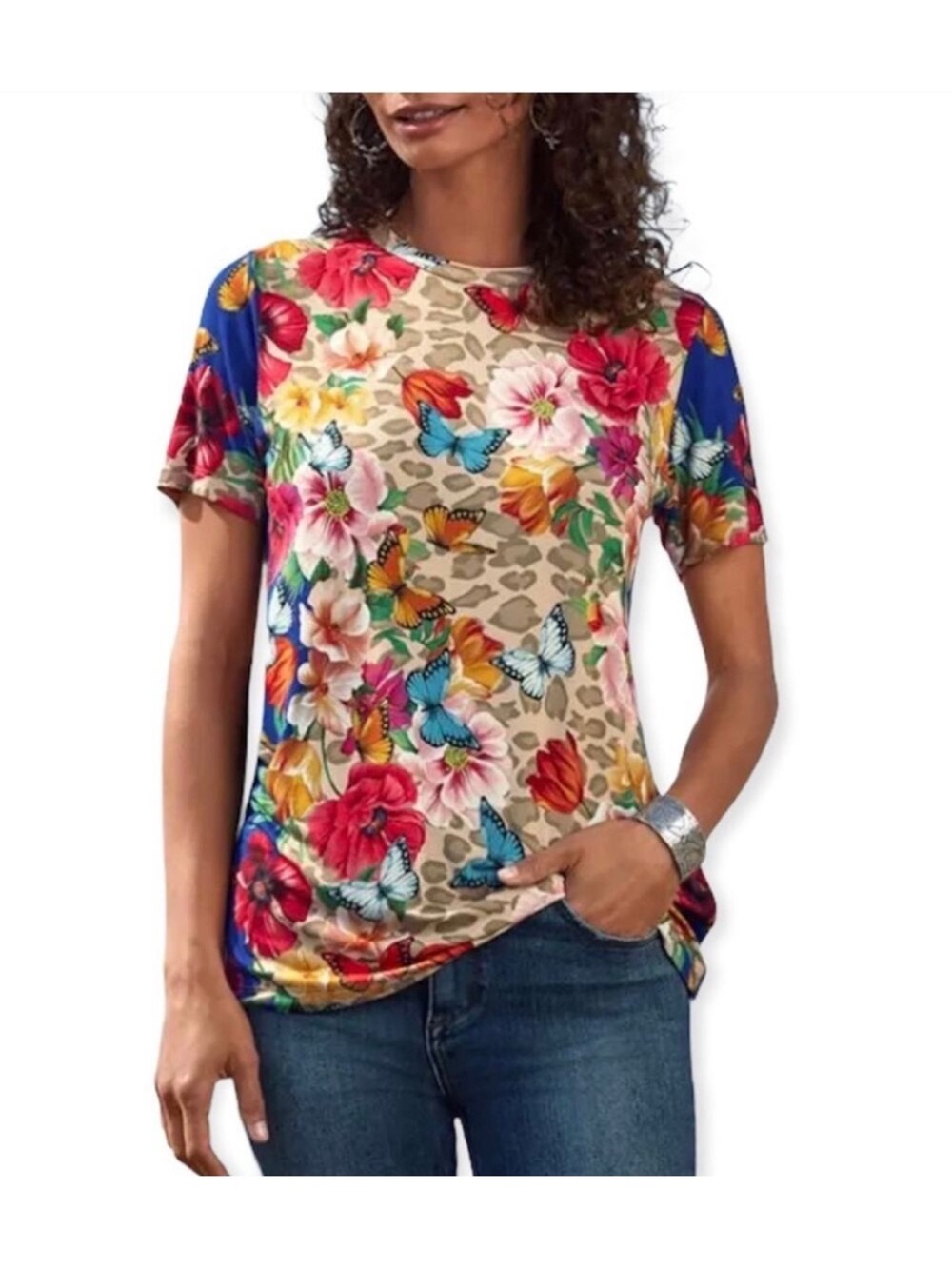 Johnny Was Mayflower Leopard Butterfly Floral Favorite Tee T- Shirt Size Large